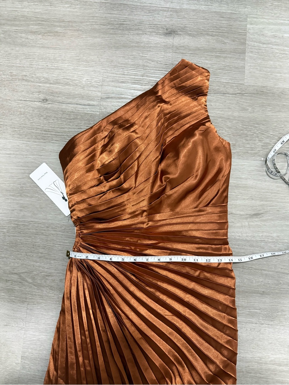 One-Shoulder Copper Pleated Midi Dress - Picture 10 of 11